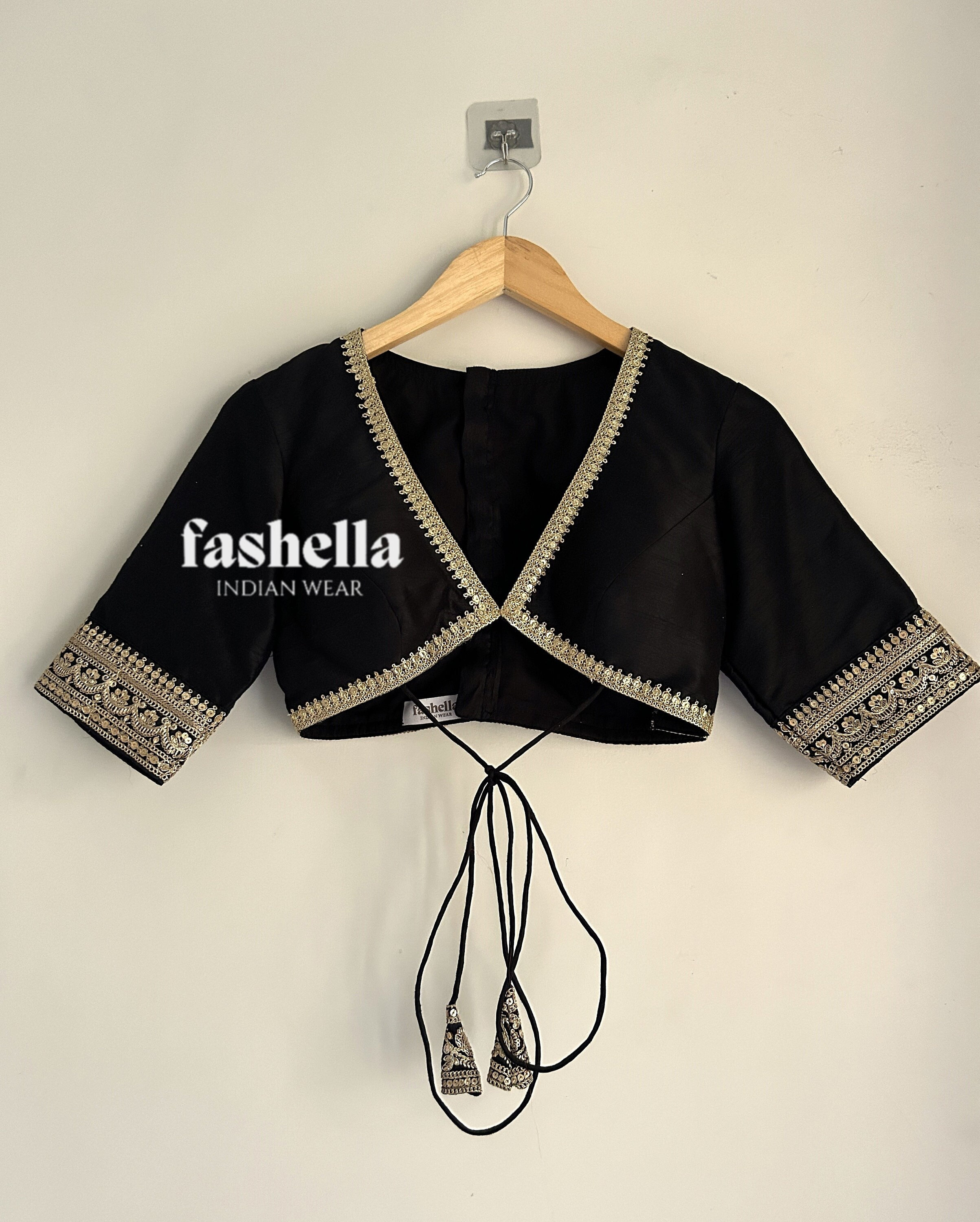 Black & Gold Saree Blouse- Deep V Neck, Designer Sari Blouse