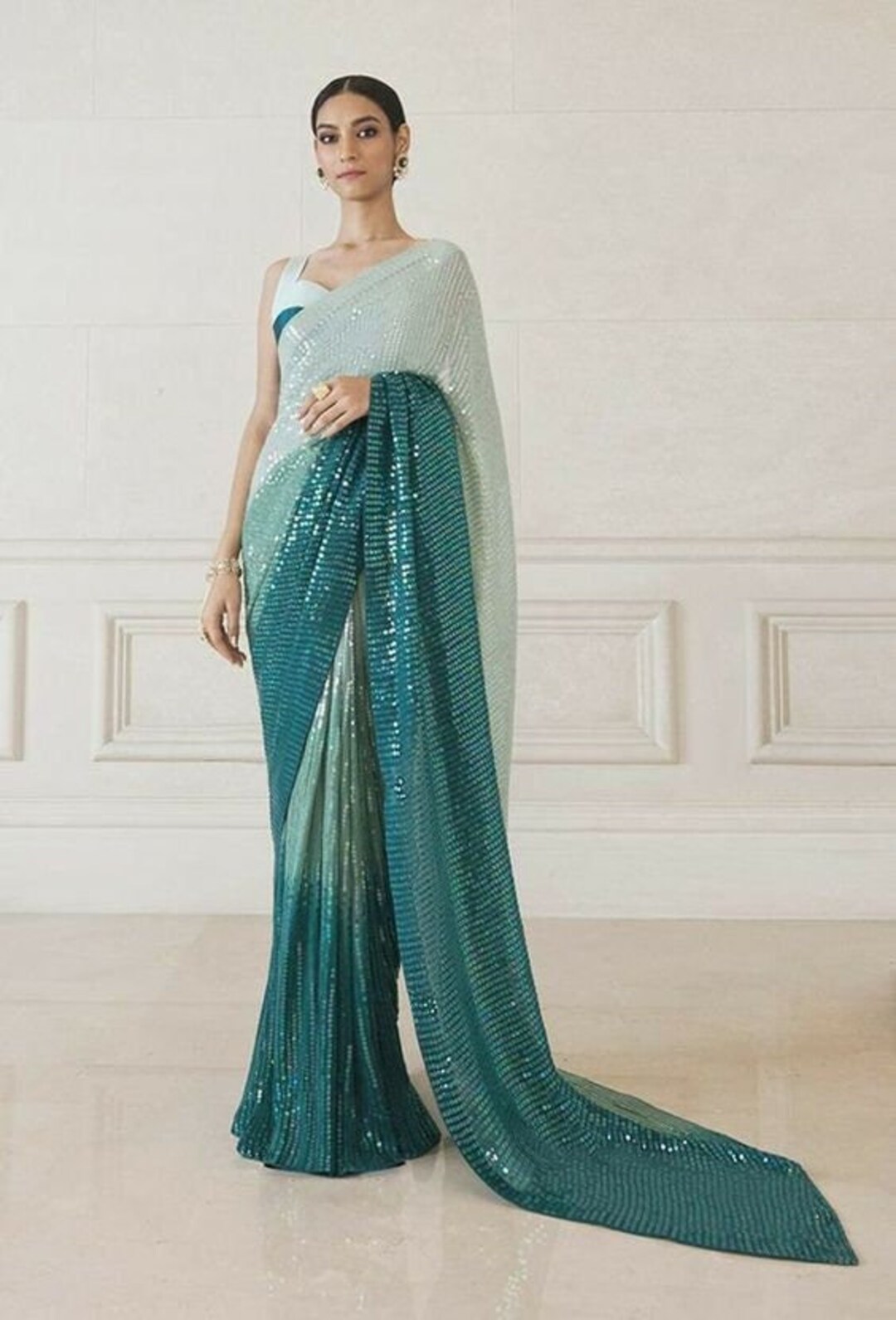 Teal Sequin Sari/ Green Ombre Saree / Green Sequin Sari/ Saree With
