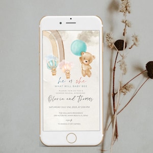 Bear Gender Reveal Evite, Bear Digital Invitation, Electronic Gender Reveal, For Phone, He or She, Editable, Download