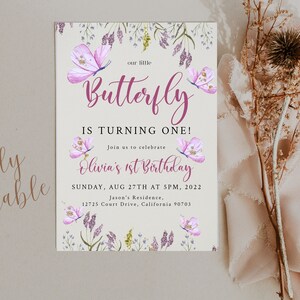 lavendel verjaardagsuitnodiging, vlinder verjaardagsuitnodiging, feestvarken, 1e verjaardag uitnodigen, vlinder verjaardag, bewerkbaar, download