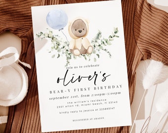 bear birthday invitation, beary first birthday, printable birthday invite