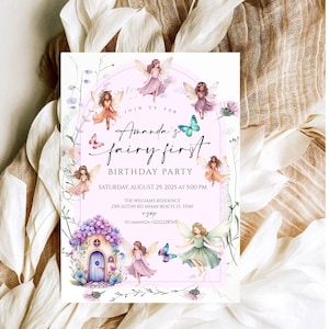 Fairy First Birthday Party Invitation,  Fairy 1st Birthday Invite, Girls 1st Birthday Printable Fairy Invite, Editable, Digital Download