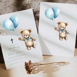 christening invitations for boys, bear balloon invitation christening, christening baby naming, evite, bear theme baptism, digital download