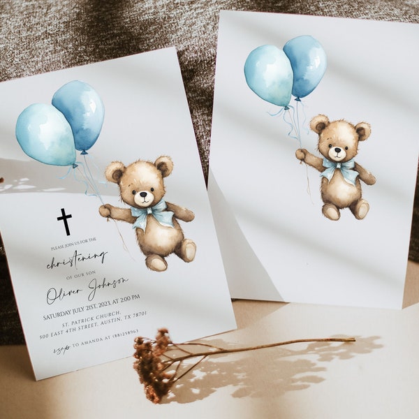 invitaciones de bautizo para niños, bautizo invitación globo oso, bautizo nombres bebe, evite, bautismo tema oso, descarga digital