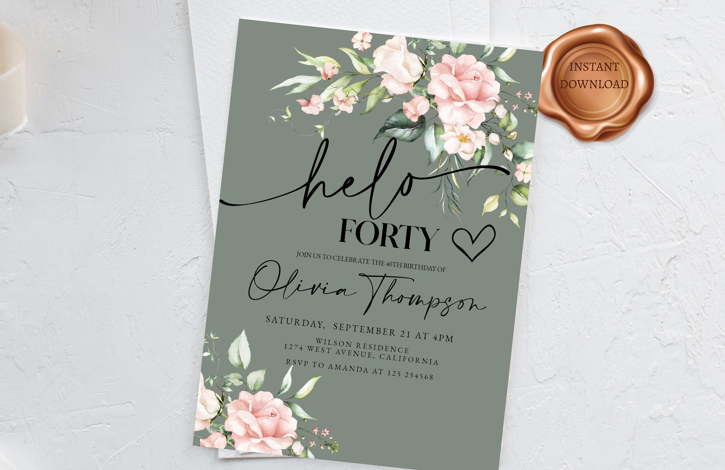 スキン Hello Forty Birthday Invitation Template, Birthday Invite, Boho