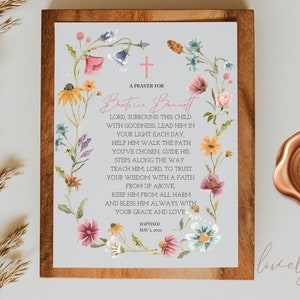 printable baptism gift girl, wildflower, baby girl gift, Prayer for baby,  godchild baptism sign, dedication