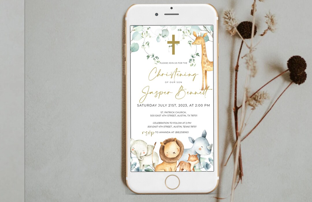 Baptism Evite With Safari Animals, Christening and Birthday Safari
