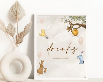 Letrero para bar de bebidas de Winnie the Pooh, primer cumpleaños, baby shower, revelación de género, decoraciones de mesa, Winnie the Pooh clásico, género neutro
