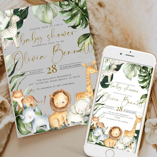 Jungle Safari Baby Shower Evite Template Jungle Animals Baby Etsy