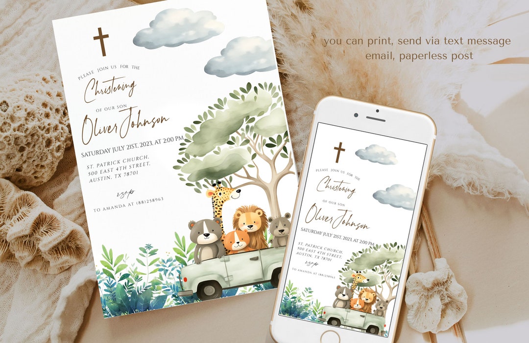 Safari Baptism Invitation, Jungle Baptism Invitation, Christening
