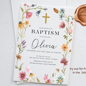 Wildflower Baptism Invitation Template, Girl Baptism Invitation,  Baptism Invite, Editable Invitation, Girl Christening, Floral Baptism