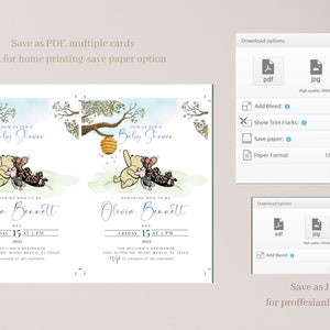 Puede incluir: Dos invitaciones de baby shower de Winnie the Pooh con un fondo de acuarela. Las invitaciones presentan a Winnie the Pooh, Piglet y Tigger. El texto en las invitaciones dice "&Uacute;nete a nosotros para una Baby Shower" y "En honor a la futura mam&aacute; Olivia Bennett".