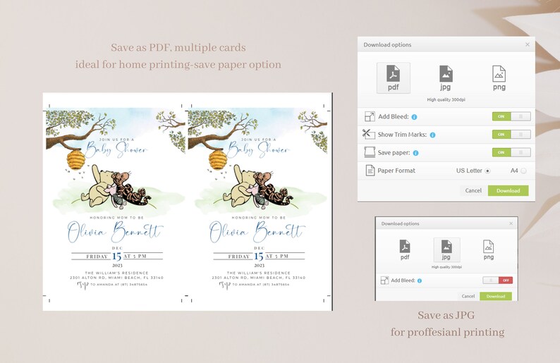 Puede incluir: Dos invitaciones de baby shower de Winnie the Pooh con un fondo de acuarela. Las invitaciones presentan a Winnie the Pooh, Piglet y Tigger. El texto en las invitaciones dice "&Uacute;nete a nosotros para una Baby Shower" y "En honor a la futura mam&aacute; Olivia Bennett".