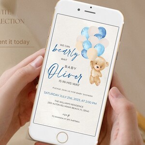 Bearly Wait Electronic Baby Shower Invite Boy, Bear Balloons Digital Invitation, Bear Baby Shower Evite, Editable, Download
