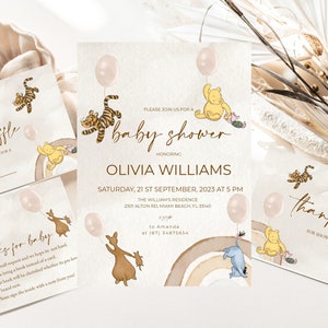 Winnie the Pooh Invitations, Classic Winnie the Pooh Baby Shower Invite, Baby Shower Invitation Neutral, Bundle,  Editable,Download
