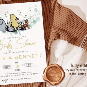 winnie the pooh baby shower invitation, editable and printable, instant download