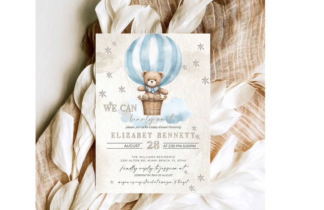 We Can Bearly Wait Baby Shower Invite, Hot Air Balloon Bear Theme, Boho ...