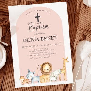 Baptism invitation for girls, Baptism invite, Jungle animals, safari christening,