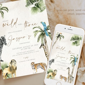 Young Wild and Three 3rd Birthday Invite Safari Jungle Animal Birthday Invitation Third Birthday,  Digital  invitation, Download