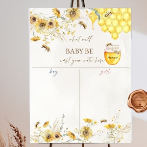 ¿Qué hará la abeja bebé con señas?, Él o ella ¿Qué hará la abeja bebé con señas?, Tablero de adivinación de género, Decoraciones para revelar el género de las abejas, Fiesta de abejorros, Descarga