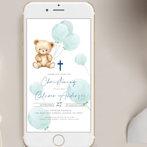 Digital Christening Invitation Boy, Sage Greens Balloons, Baptism Invite Electronic, Bear Baptsm, Christening Evite Boy, Editable Evite