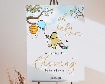 Letrero de bienvenida clásico de Winnie the Pooh, letrero de bienvenida para baby shower, editable, descarga