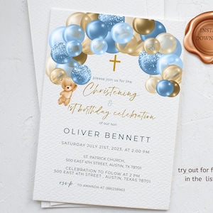 1st birthday and baptism boy invitation, balloons christening invite, bear balloons,