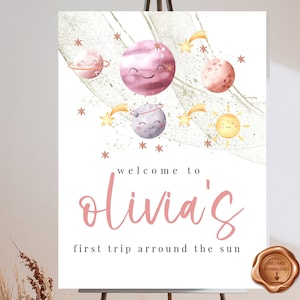 space welcome sign, space birthday sign, 1st trip arround, 1st birthday, for girls, space 1st birthday, editable, printable, download