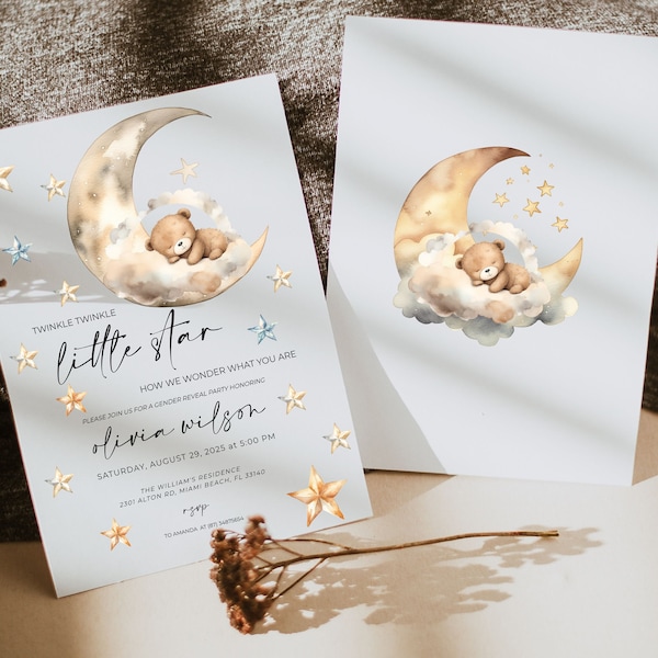 Twinkle Twinkle Little Star Invitation Template, Gender Reveal Invite with Beige Clouds, He Or She, Boy Or Girl, Bear Baby Shower Invitation