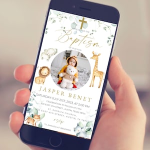 safari baptism invitation, christening evite, evite baptism, with photo, jungle animals ,baptism invitation, noah, template download BI01