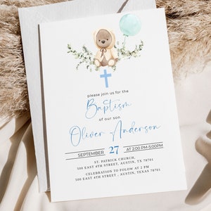 baptism invitation, christening invite, bear christening, for boys, bear balloon invitation, baby shower invitate, 1st birthday invitation