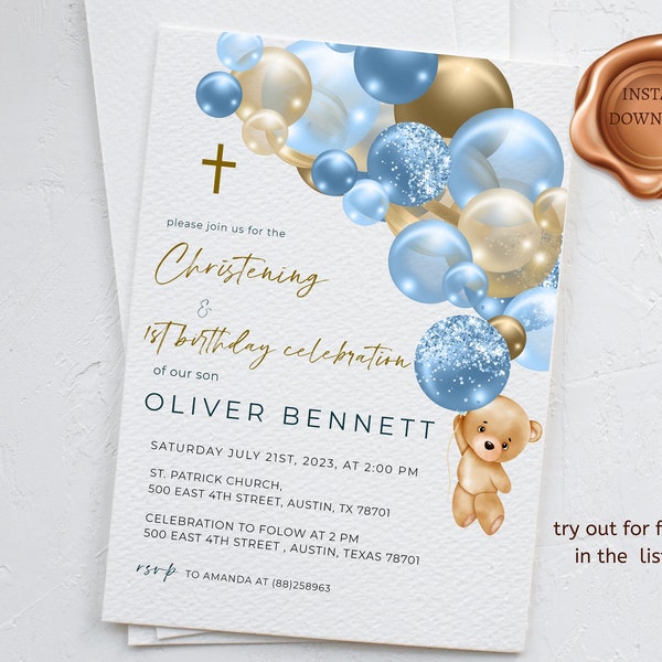 Baptism and first birthday invitation boy, Christening invitation, Bear balloon, Editable, Digital download