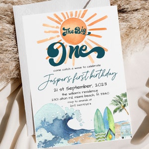 the big one surfing invitation template, surf is up, retor surf boy, beach party invite, wave surfer boho invite, digital, download