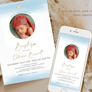 Baby Boy Christening Invitation, Digital Christening Invitation,  Baptism Boy, Light Blue Watercolor and Gold, Editable, Download