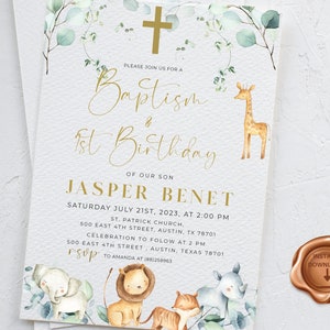 baptism and birthday invitation, christening invitation, 1st birthday invite, safari baptism invitation, jungle animal, template, BIO1
