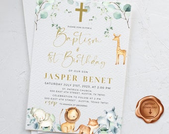 baptism and birthday invitation, christening invitation, 1st birthday invite, safari baptism invitation, jungle animal, template, BIO1