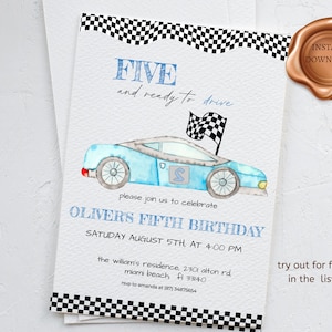 Racing 5th Birthday Invitation, Five And Ready To Drive Birthday, Blue Car,  Editable Template, Digital Download