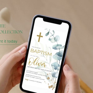 baptism electronic invitation template, christening evite, phone invitation, greenery, editable template