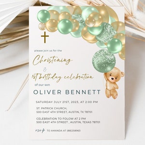 Baptism and first birthday invitation boy, Christening invitation, Bear balloon, Sage Green, Editable, Digital download