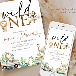 Wild One Birthday Boy Invitation, Safari Animals Party Invite Template, Jungle Safari Theme First Birthday, Editable, Digital, Download