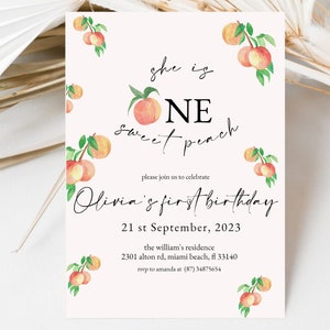 One Sweet Peach Birthday Invitation, First Birthday Invite Peach Birthday, First Birthday,  Peach Birthday Invite, Peach Invite, Download