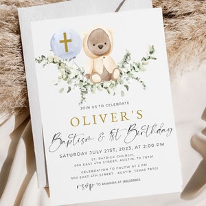 baptism and 1st birthday invitation, christening invitation, 1st birthday invite, bear with balloon, bear baptism, balloon baptism, editable
