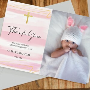 Biglietto di ringraziamento per il battesimo, biglietto di ringraziamento per il battesimo, biglietto di ringraziamento rosa, ragazze, biglietto di ringraziamento per il battesimo moderno, modificabile, scaricabile