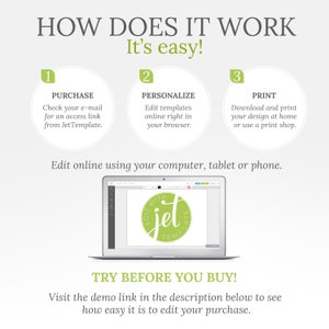 Puede incluir: Un gr&aacute;fico que muestra c&oacute;mo usar una plantilla digital. Los pasos son: 1. Comprar, 2. Personalizar, 3. Imprimir. El gr&aacute;fico muestra una pantalla de computadora port&aacute;til con un c&iacute;rculo verde que dice "Editar con Jet Template". El texto debajo del gr&aacute;fico dice "&iexcl;Prueba antes de comprar! Visita el enlace de demostraci&oacute;n en la descripci&oacute;n a continuaci&oacute;n para ver lo f&aacute;cil que es editar tu compra."
