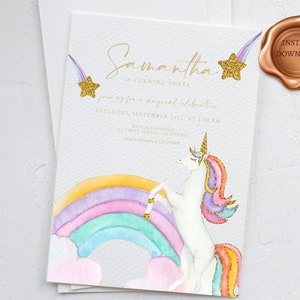 Unicorn Invitation Template, Unicorn Birthday Invitation, Unicorn Party, Unicorn and Rainbow Pastel  Editable, Digital Template, DOWNLOAD