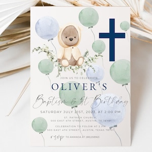 Baptism and Birthday invitation, 1st birthday invite, Bear with Balloon Christening Invitation, Bear Baptism, Balloon Baptism, editable
