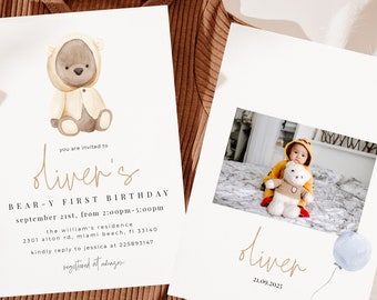 beary first birthday boy, bear birthday invitation template, photo invite, printable birthday invite