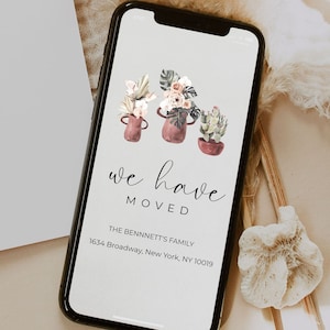 moving announcement template, electronic template, digital moving announcement, bohemian, palm leaves, cactus