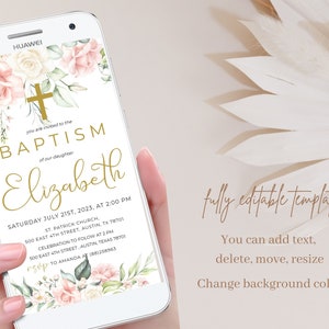 modelo de convite de batismo eletrônico, convite de texto de batismo digital, evite de batismo rosa blush, evite de batismo, editável, baixar
