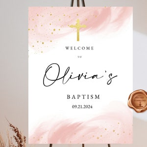 Baptism Welcome Sign, Baptism Sign Girl, Pink Watercolor Christening Sign, Welcome Sign Template, Editable, Printable, Instant Download